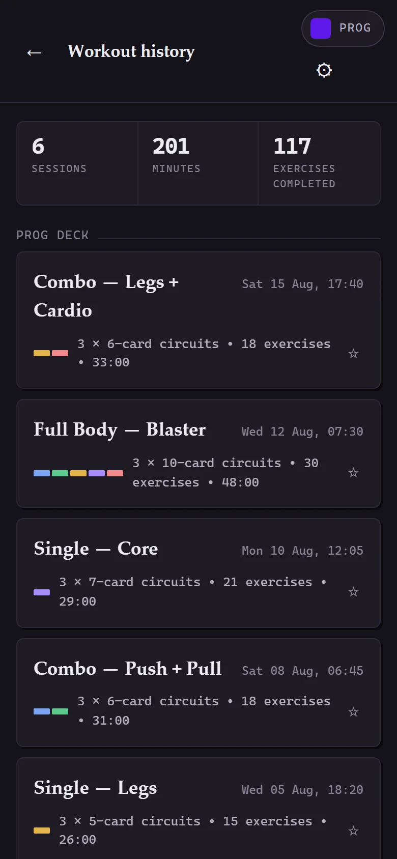 The history screen: six sessions with their totals — sessions, minutes, exercises