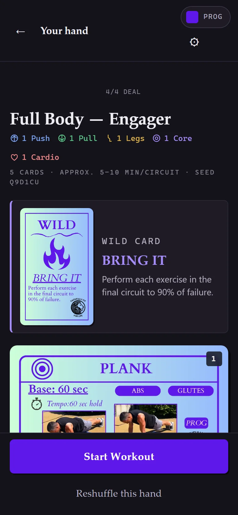 The app on a phone — a dealt Full Body hand: the wild card, the first exercise card, and Start Workout below